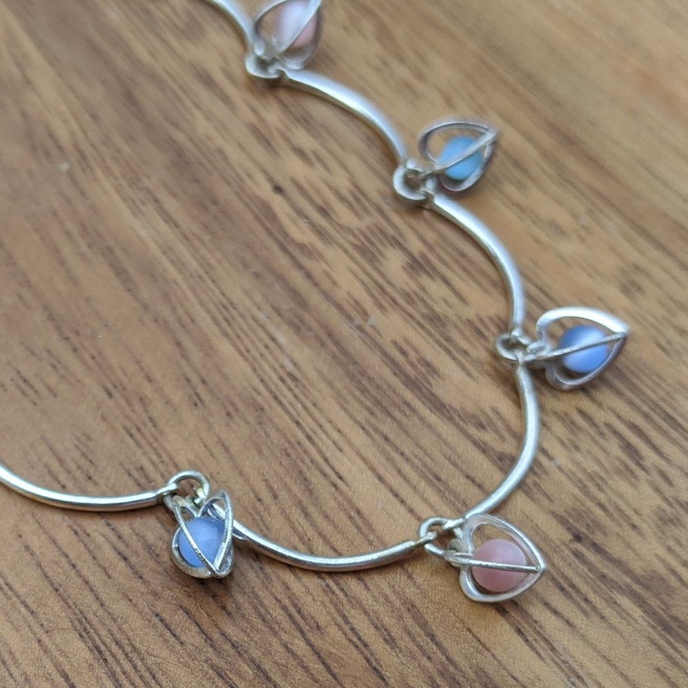 Cats Eye Beads in Heart Cages Silver Tone Necklace